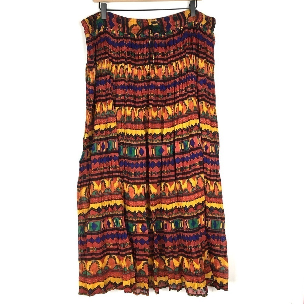 VINTAGE Maxi Circle Skirt African Drawstring Bead Tie Carolina Colours Medium